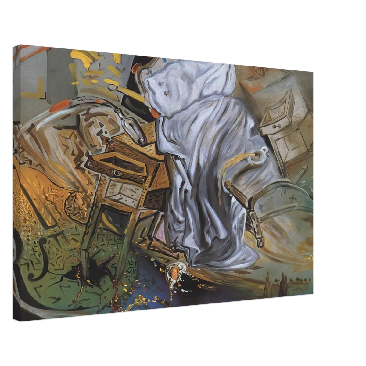 BED AND TWO BEDSIDE TABLES FEROCIOUSLY ATTACKING A CELLO FINAL STAGE Canvas | Salvador Dali Canvas | Salvador Dali Store
