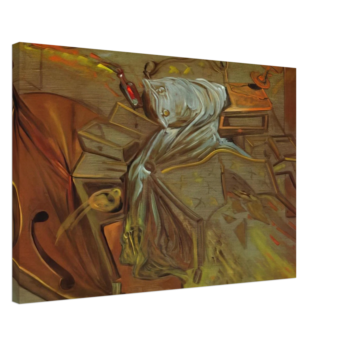 BED AND TWO BEDSIDE TABLES FEROCIOUSLY ATTACKING A CELLO Canvas | Salvador Dali Canvas | Salvador Dali Store