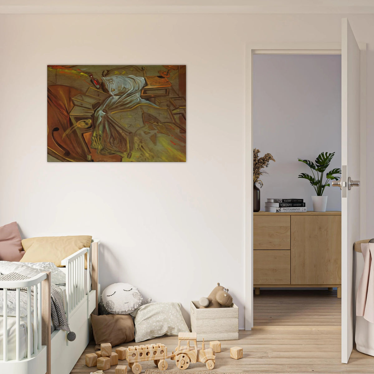 BED AND TWO BEDSIDE TABLES FEROCIOUSLY ATTACKING A CELLO Canvas | Salvador Dali Canvas | Salvador Dali Store