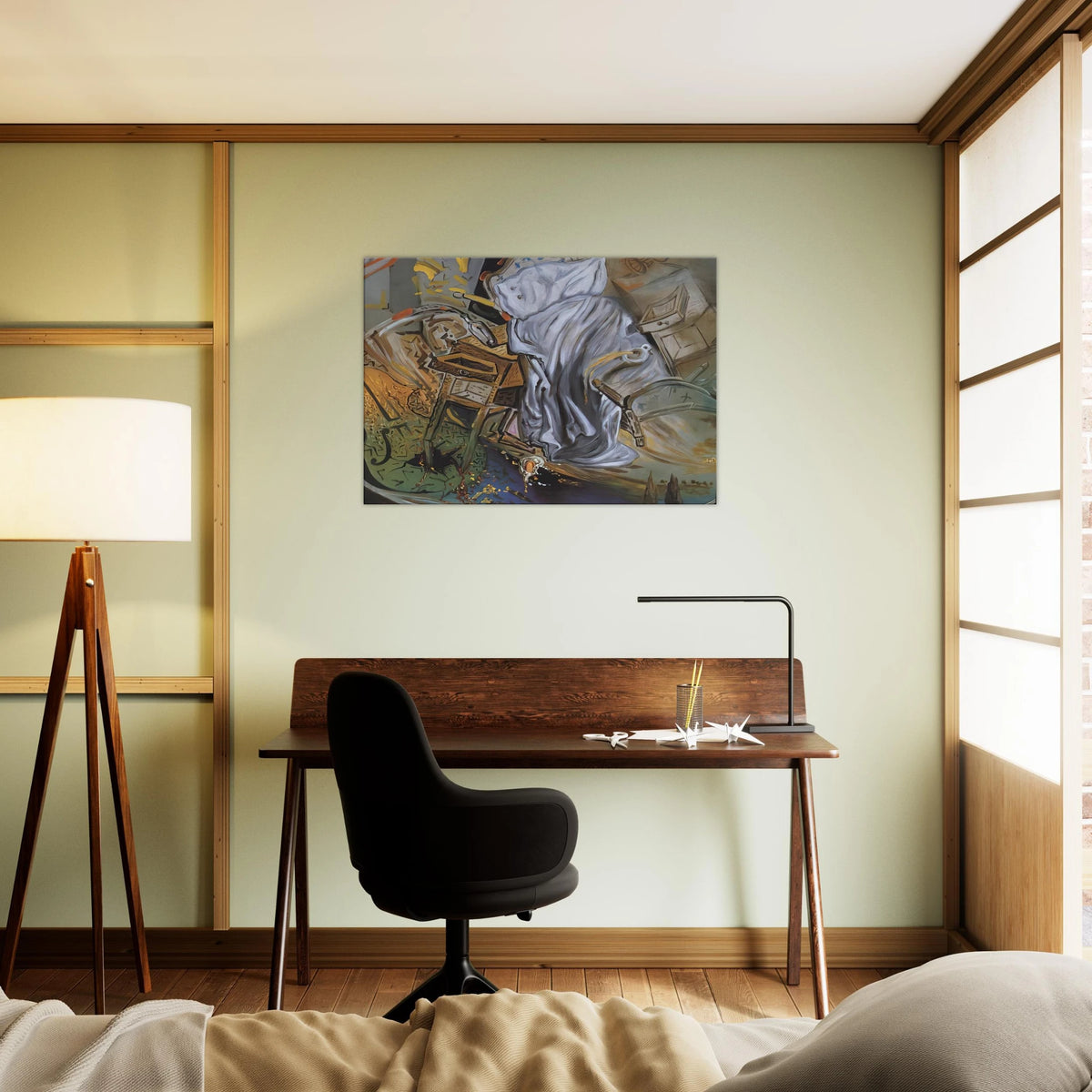 BED AND TWO BEDSIDE TABLES FEROCIOUSLY ATTACKING A CELLO FINAL STAGE Canvas | Salvador Dali Canvas | Salvador Dali Store