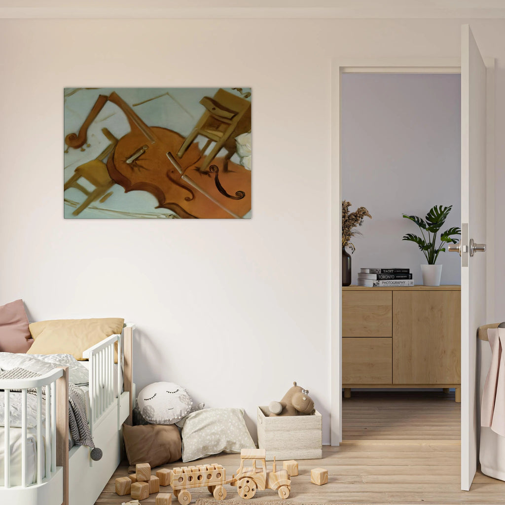 BED CHAIR AND BEDSIDE TABLE FEROCIOUSLY ATTACKING A CELLO Canvas | Salvador Dali Canvas | Salvador Dali Store