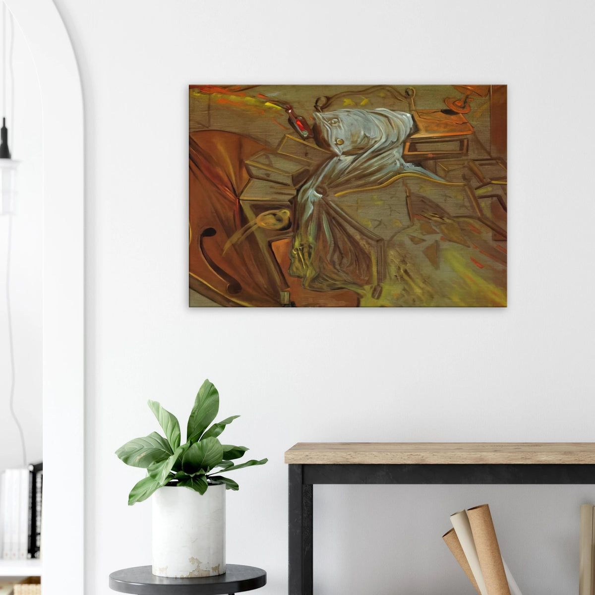 BED AND TWO BEDSIDE TABLES FEROCIOUSLY ATTACKING A CELLO Canvas | Salvador Dali Canvas | Salvador Dali Store