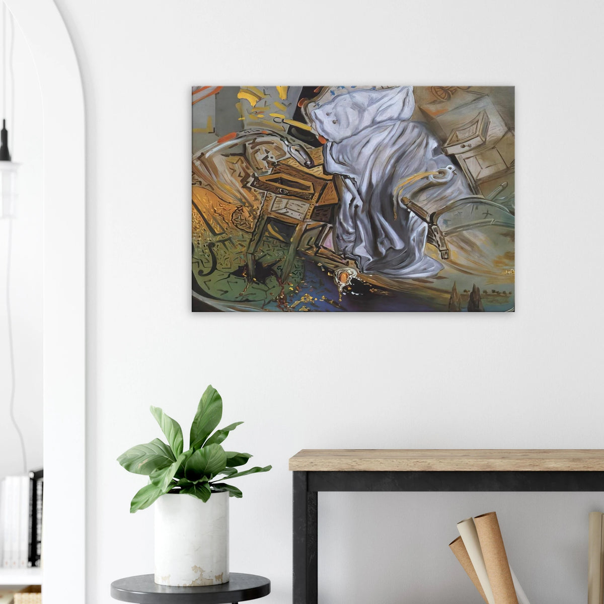 BED AND TWO BEDSIDE TABLES FEROCIOUSLY ATTACKING A CELLO FINAL STAGE Canvas | Salvador Dali Canvas | Salvador Dali Store