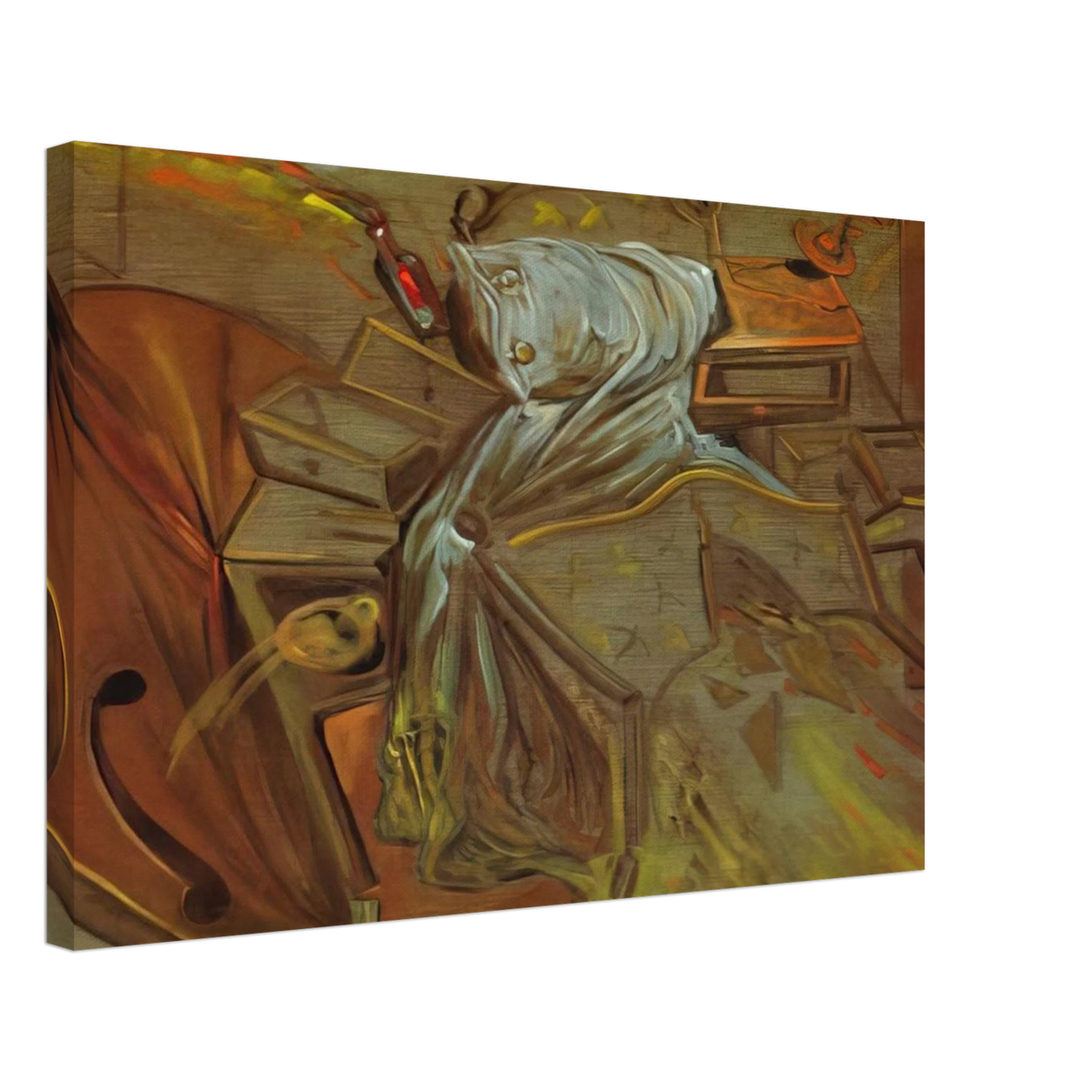 BED AND TWO BEDSIDE TABLES FEROCIOUSLY ATTACKING A CELLO Canvas | Salvador Dali Canvas | Salvador Dali Store