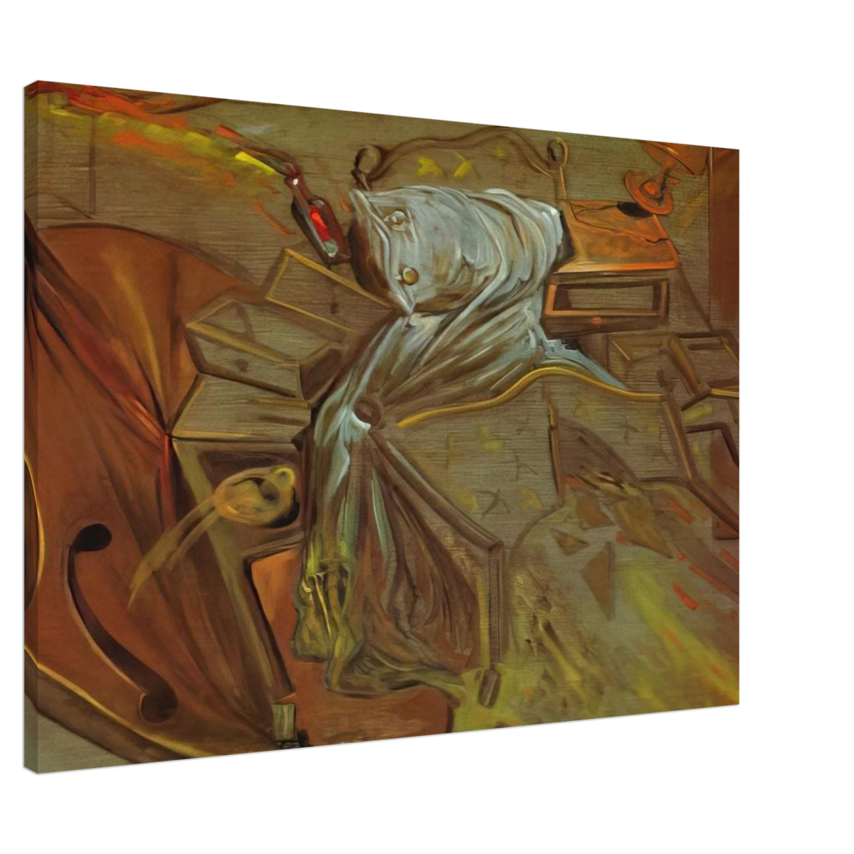 BED AND TWO BEDSIDE TABLES FEROCIOUSLY ATTACKING A CELLO Canvas | Salvador Dali Canvas | Salvador Dali Store