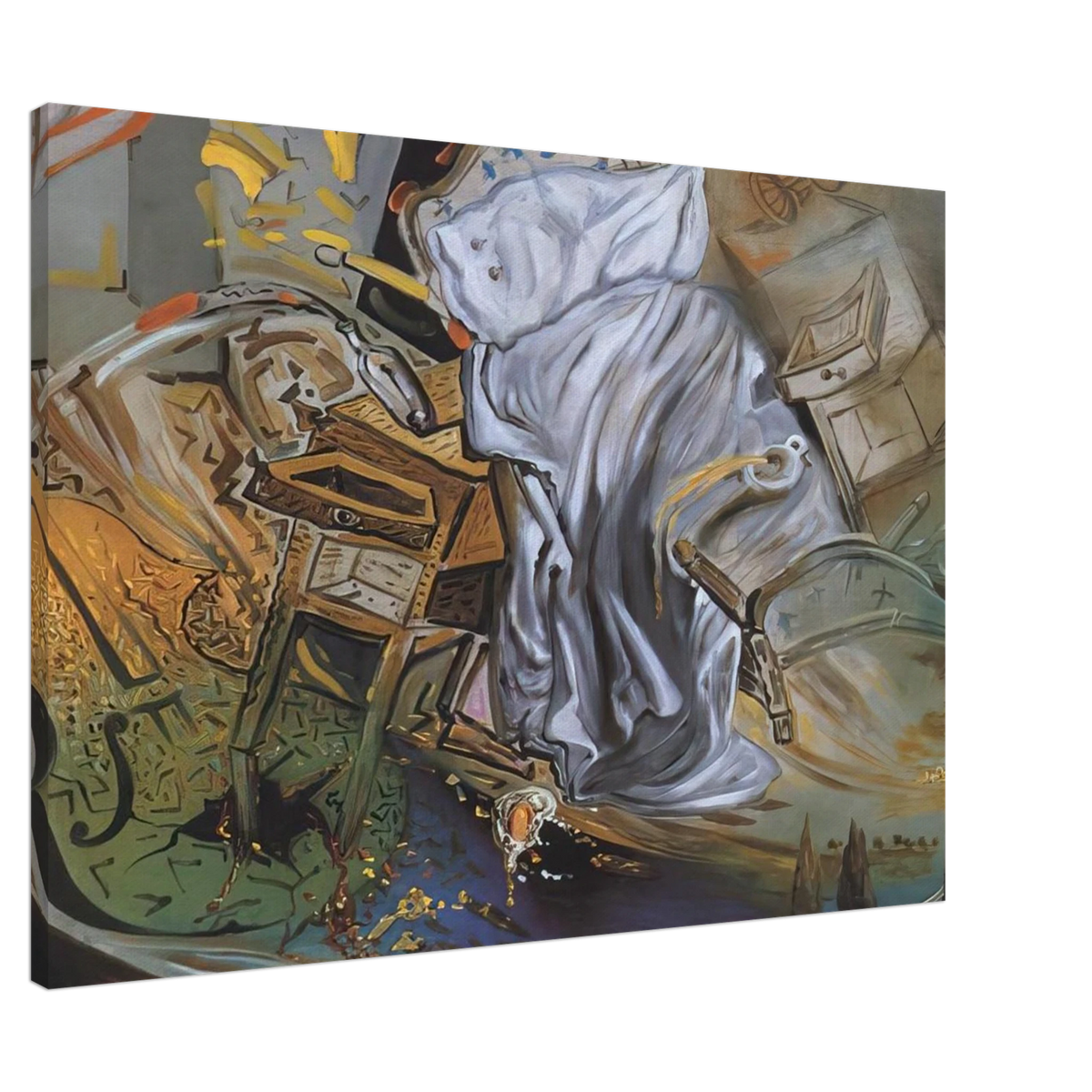 BED AND TWO BEDSIDE TABLES FEROCIOUSLY ATTACKING A CELLO FINAL STAGE Canvas | Salvador Dali Canvas | Salvador Dali Store
