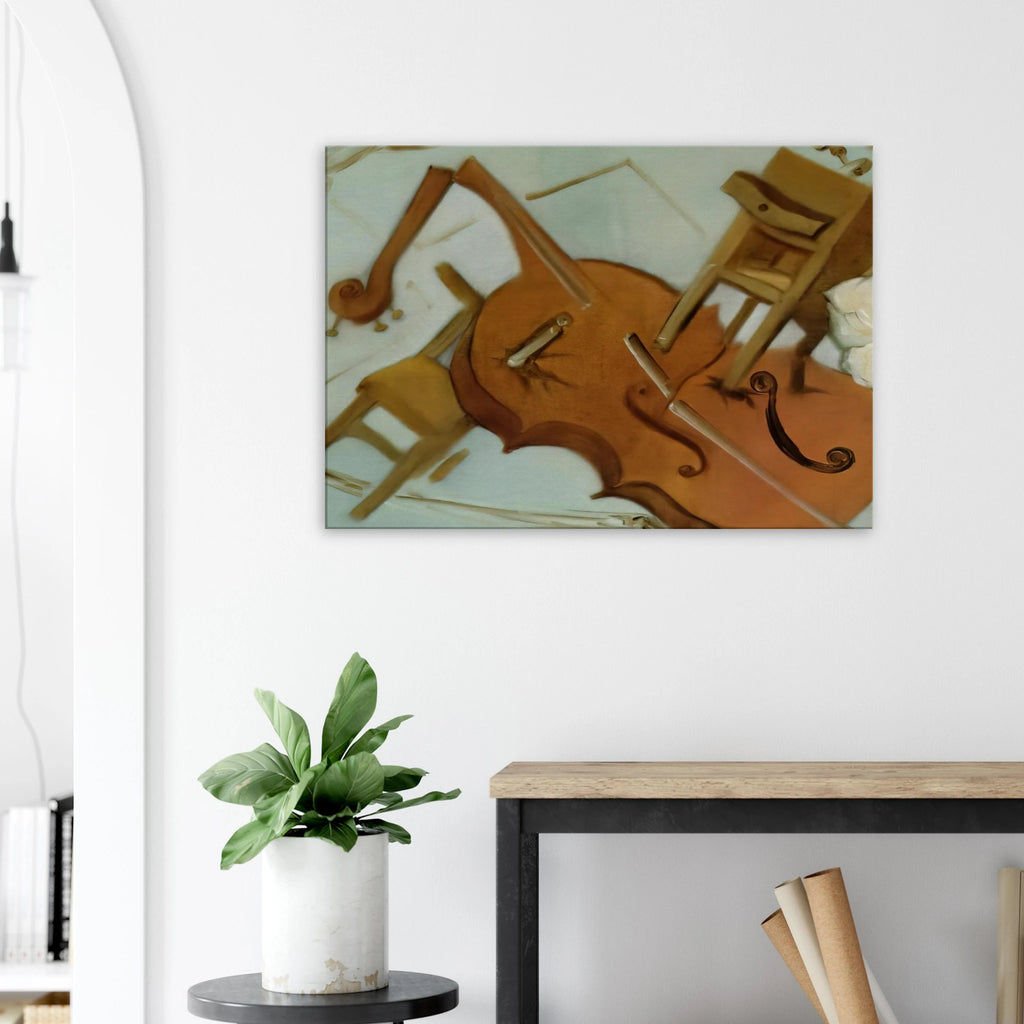 BED CHAIR AND BEDSIDE TABLE FEROCIOUSLY ATTACKING A CELLO Canvas | Salvador Dali Canvas | Salvador Dali Store
