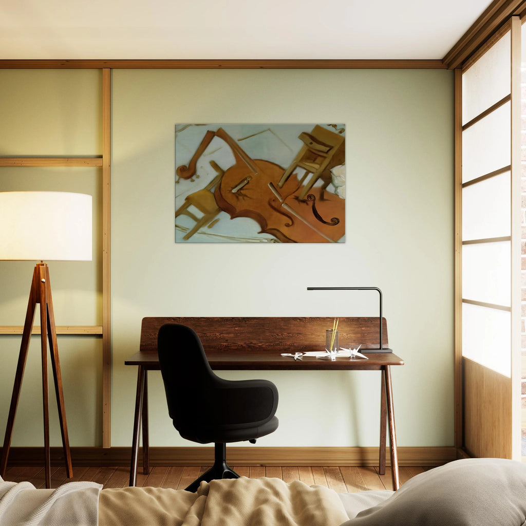 BED CHAIR AND BEDSIDE TABLE FEROCIOUSLY ATTACKING A CELLO Canvas | Salvador Dali Canvas | Salvador Dali Store
