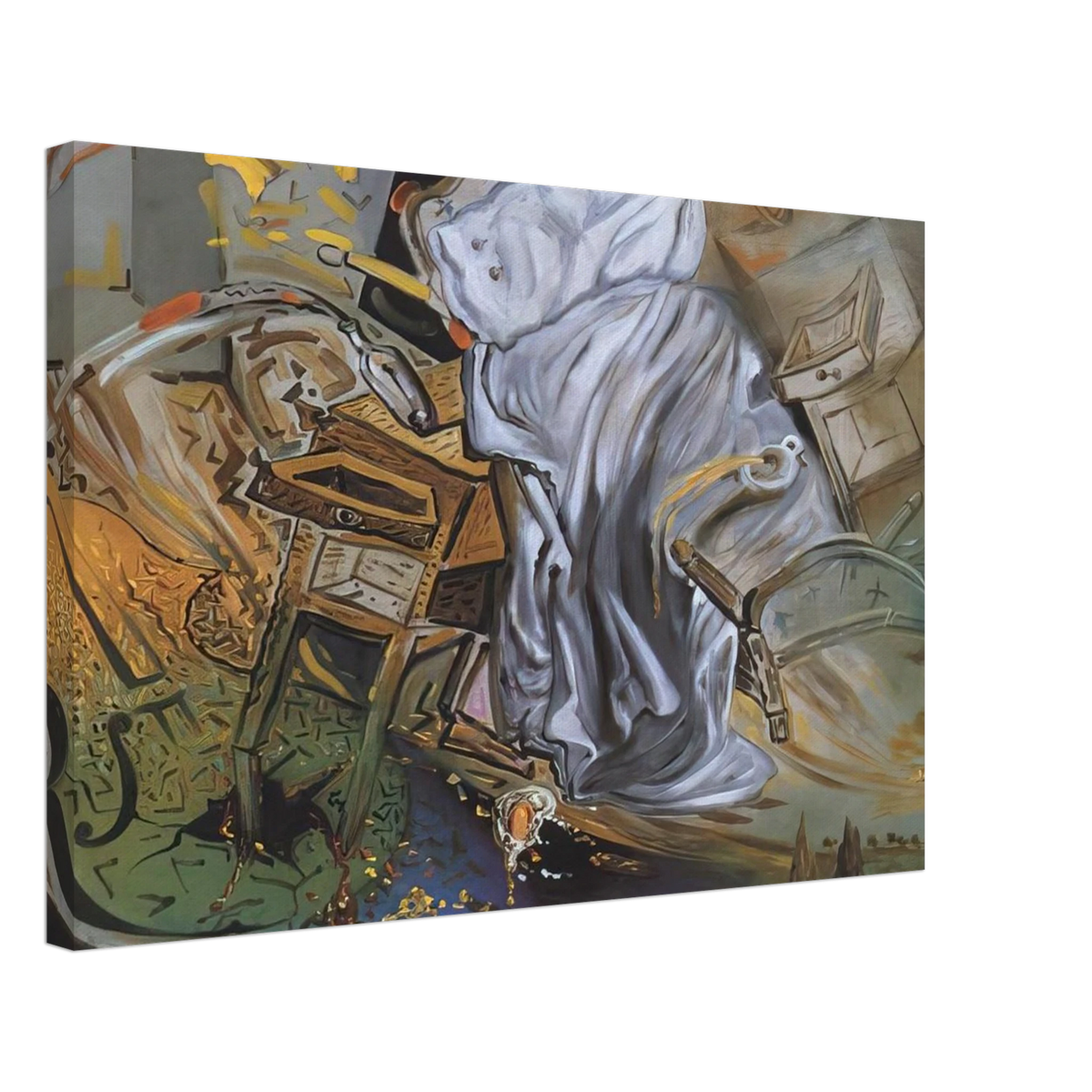 BED AND TWO BEDSIDE TABLES FEROCIOUSLY ATTACKING A CELLO FINAL STAGE Canvas | Salvador Dali Canvas | Salvador Dali Store